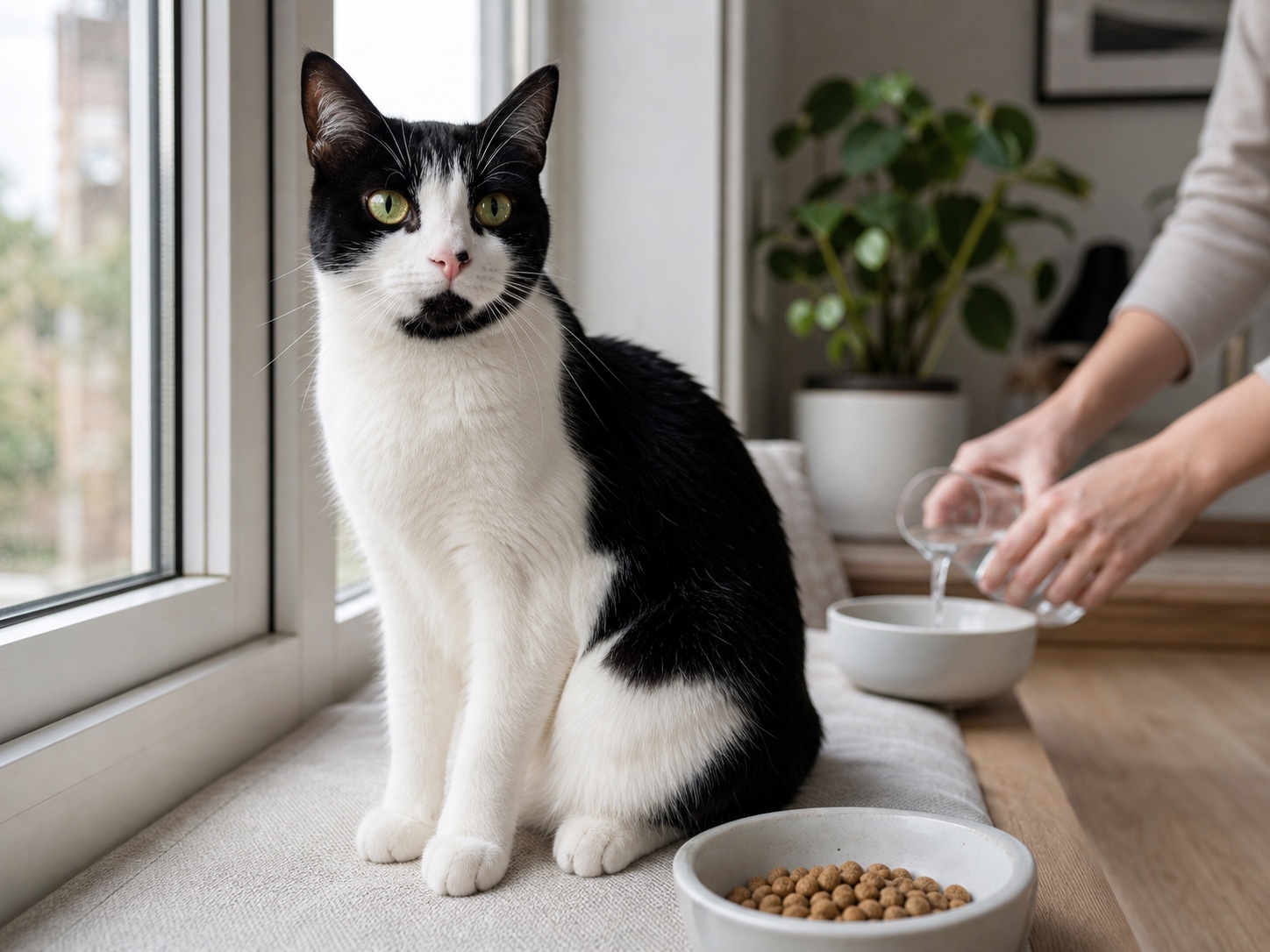 A tuxedo cat waits beside fresh food while a sitter pours clean water into a bowl.